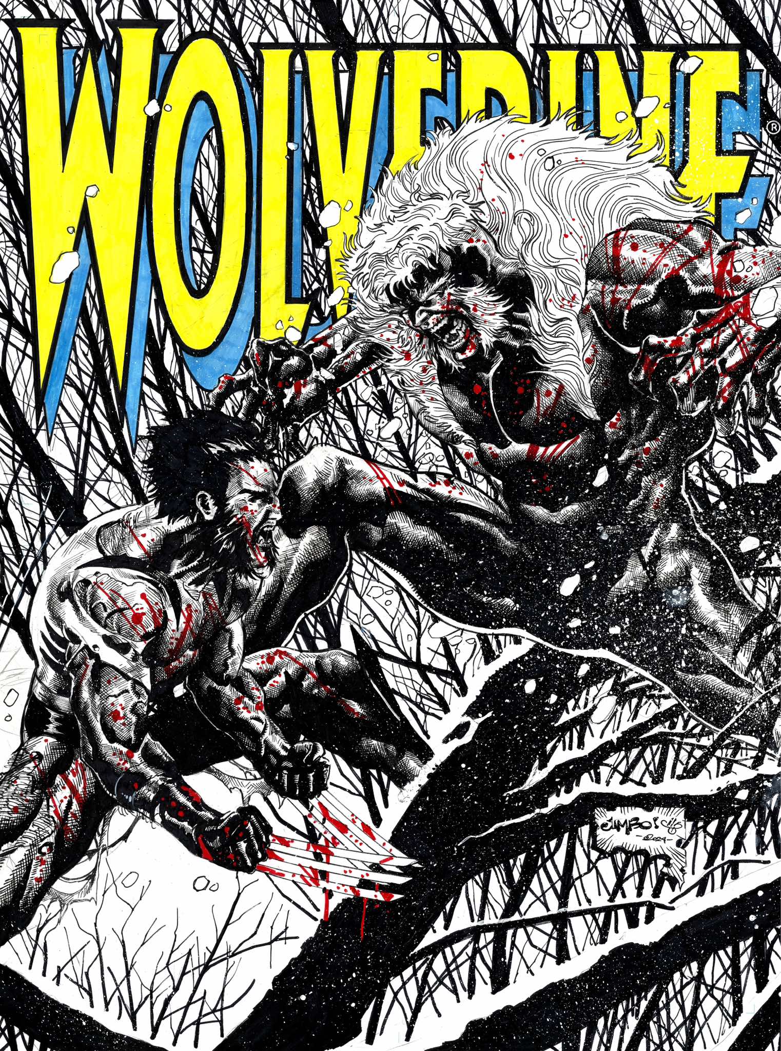 Jimbo Salgado Original Art Wolverine vs Sabertooth 2-Page Illustration
