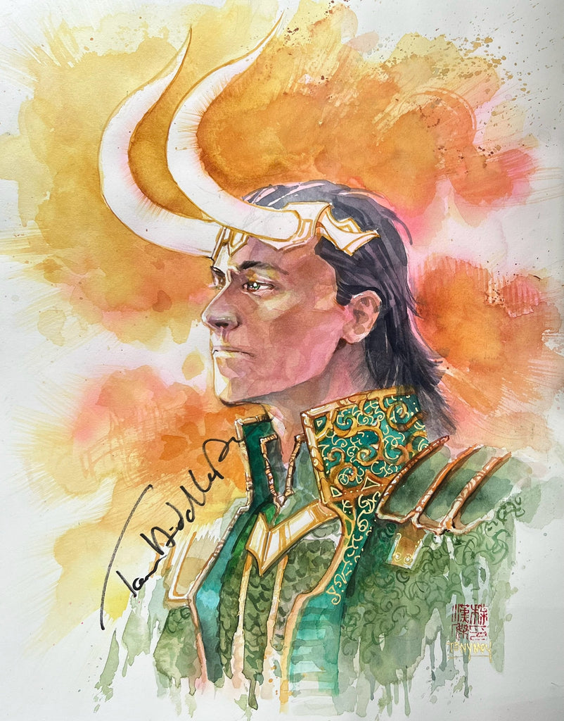 SIGNED BY TOM HIDDLESTON Tony Moy Original Art Loki Watercolour Illustration Comic Art