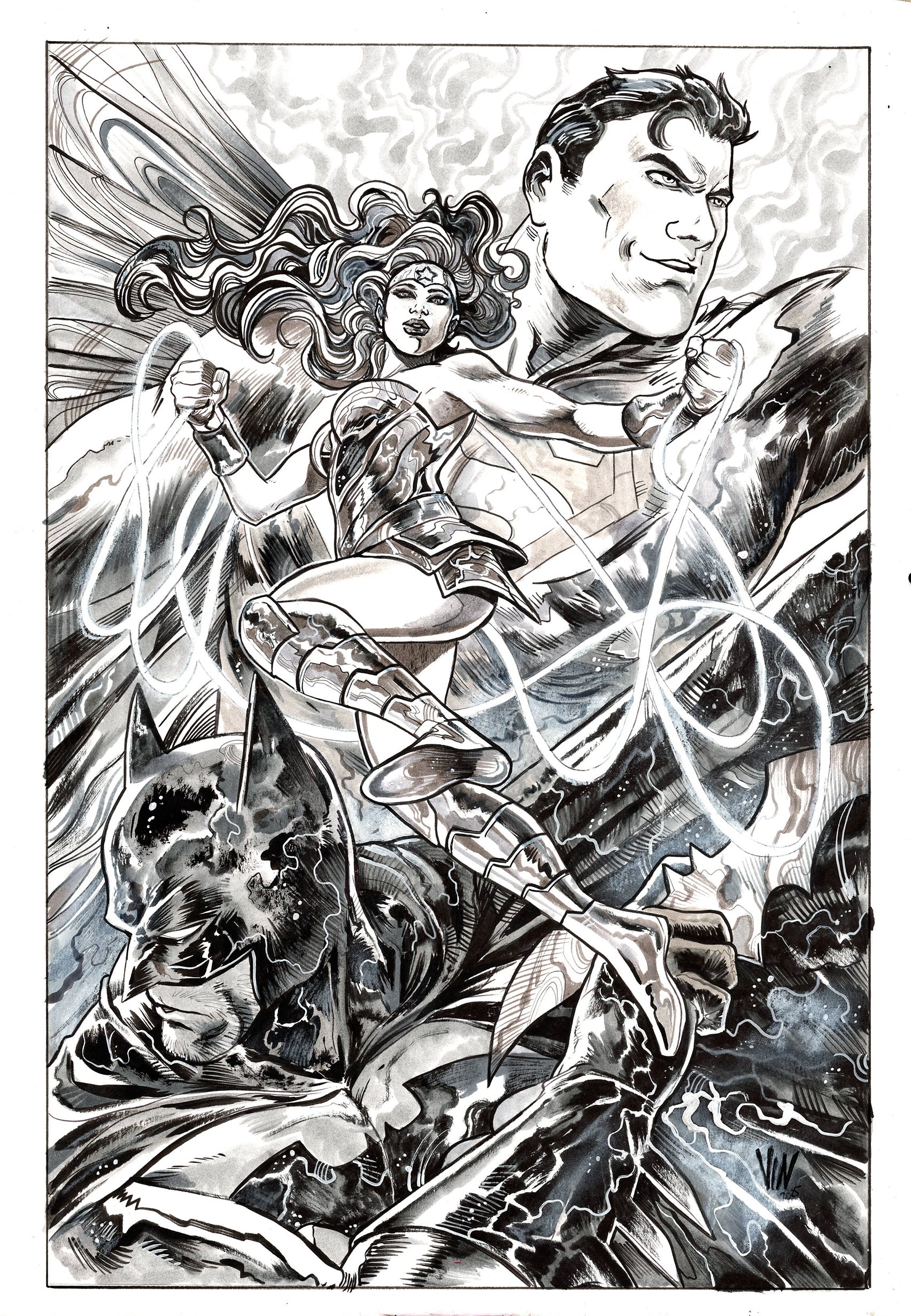 Vincenzo Riccardi Original Art Trinity (Batman, Superman, Wonder Woman) Illustration