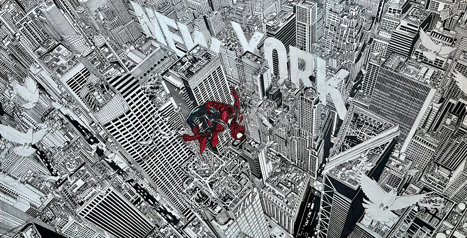 Jimbo Salgado Original Art NYC Spider-Man 3 Page Spread Illustration