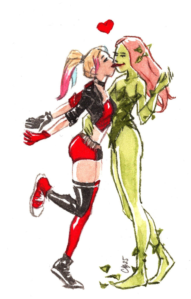 Guillaume Martinez Original Art Poison Ivy & Harley Quinn Valentine's Mini (includes standing desk frame) Comic Art