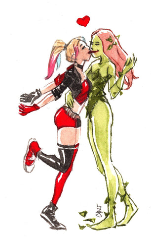 Guillaume Martinez Original Art Poison Ivy &  Harley Quinn Valentine's Mini (includes standing desk frame)