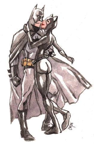 Guillaume Martinez Original Art Batman & Catwoman Valentine's Mini (includes standing desk frame)