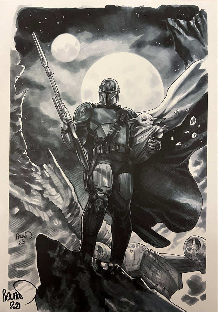HAND SIGNED Paul Renaud Star Wars Mandalorian & Baby Yoda A3 Fine Art Print Comic Art