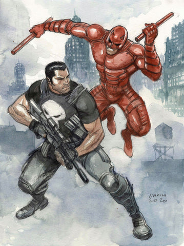 Enrico Marini Original Art Punisher vs Daredevil Cover Quality Illustration
