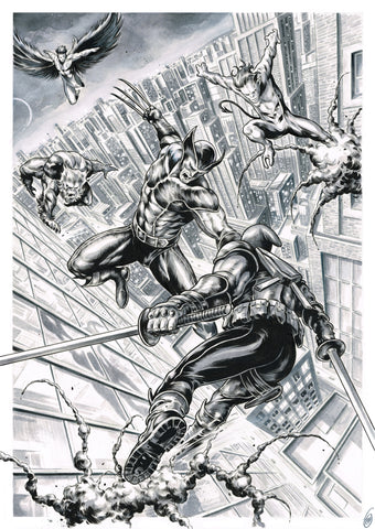 Gianluca Gugliotta Original Art Deadpool Vs Wolverine, Nightcrawler, Beast & Angel Illustration